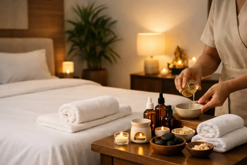 Professional home massage setup in a modern Indian apartment bedroom with white sheets, warm lighting, and therapist hands preparing massage oil for a relaxing wellness session
